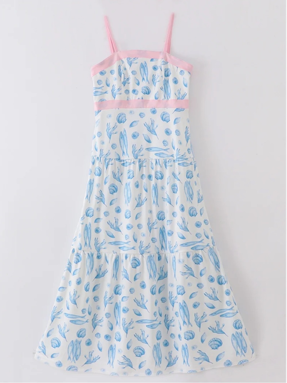 Women’s Blue & White Seashell & Fish Maxi Dress with Pink Trim